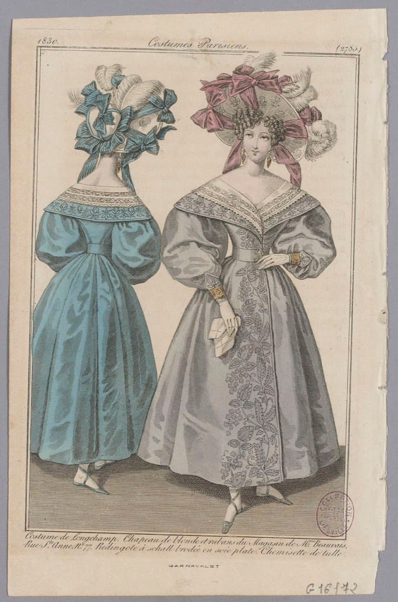 Longchamp · Costumes Parisiens Costume de Longchamp. Chapeau de blonde et rubans du Magasin de Mme. Beauvais, Rue Ste. Anne, N°. G.16172